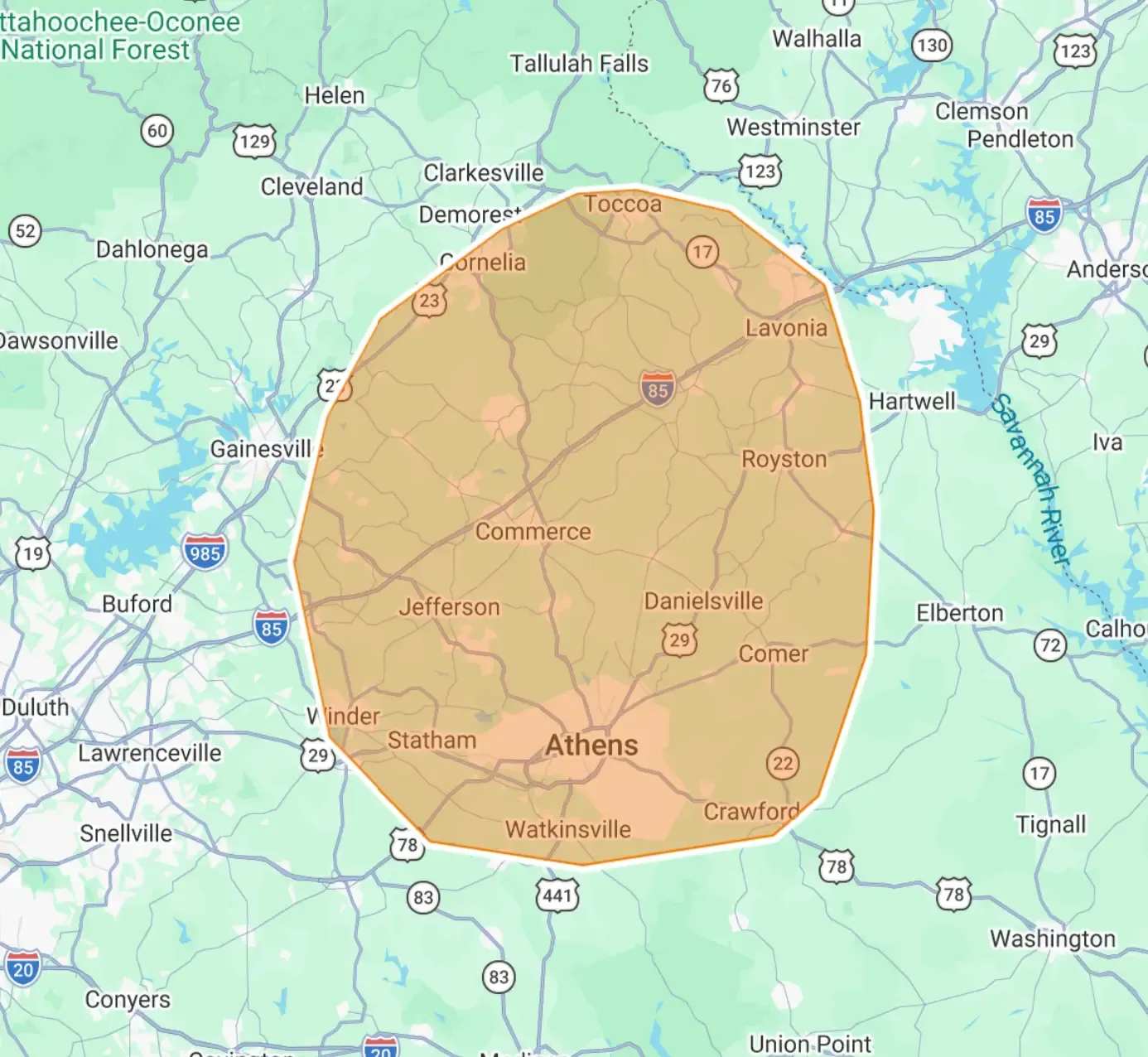 Map of the Guardian Septic Services coverage area centered on Athens, Georgia, reaching Watkinsville, Bogart, Winterville, Statham and Winder